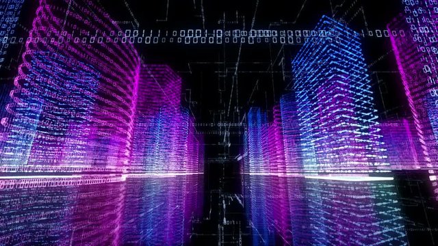 Abstract virtual city inside a computer system. Hologram 3D Big Data Digital City. Digital buildings with a binary code particles network. Technological and connection motion background. Looped