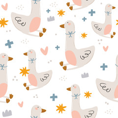 Cute baby shower in scandinavian style including trendy quotes and cool animal decorative hand drawn elements. Cartoon doodle kids  illustration for nursery room decor, children design. Vector.