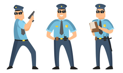 The police officer in black sunglasses standing in different poses with protocol and gun. Vector illustration in flat cartoon style
