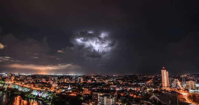 Time lapse of epic lightning storm rolling away from Brisbane at night 4K