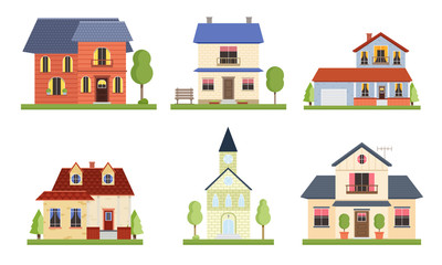 Set of different country houses with garden trees. Vector illustration in flat cartoon style.