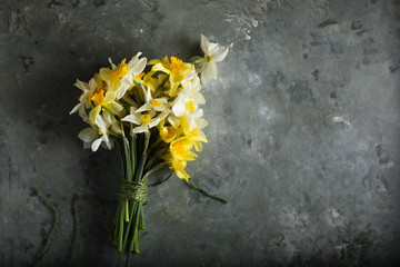 Beautiful bouquet of yellow daffodils on an dark green gray background. Copy space. Can be used as a card, background for screensavers, greetings.