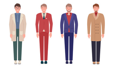 Set of handsome young men in classic elegant clothes and suits.Vector illustration in flat cartoon style