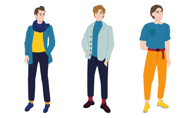 Set of handsome young men in classic elegant clothes and suits.Vector illustration in flat cartoon style