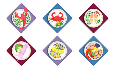 Set of fresh healthy dinner of seafood. Delicious dishes of lobster, crab, octopus, squid, fish. Vector illustration in flat cartoon style
