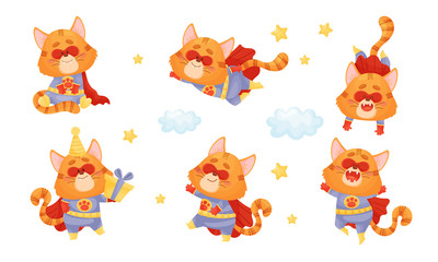 Obraz premium Superhero Cat Wearing Red Cloak and Mask Flying and Holding Gift Box Vector Set