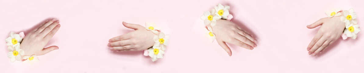 Collage Hands with spring flowers sticking out of hole  torn paper background.Cosmetics hand skin care and wrinkle reduction.Skincare and moisturizing concept. Beauty, fashion panoramic
