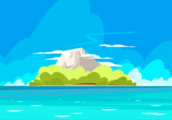 vector illustration of a landscape of a lonely tropical island with a sleeping volcano in the sea