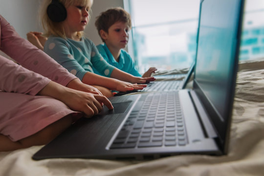 Kids Staying Home, Boy And Girls On Distant Learning With Computers