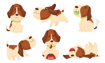 Cute Spotted Puppy Wriggling the Tail and Running Vector Set