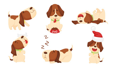 Cute Spotted Puppy Sleeping and Rolling on the Ground Vector Set