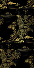 pheasant bamboo flower nature landscape view vector sketch illustration japanese chinese oriental line art ink seamless pattern