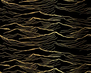 Behang Zwart goud zee patroon japans water zwart goud naadloos