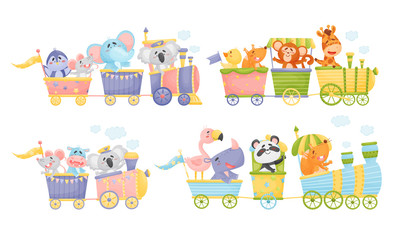 Funny Animals Riding Locomotive and Waving Paws Vector Set