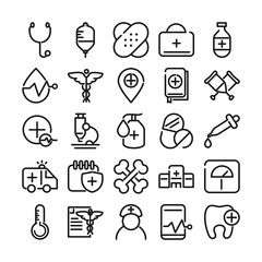 medical and health care equipment assistance icon set line style