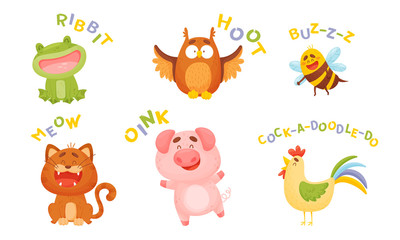 Obraz premium Cute Cartoon Animal Making Sounds Vector Illustrations Set