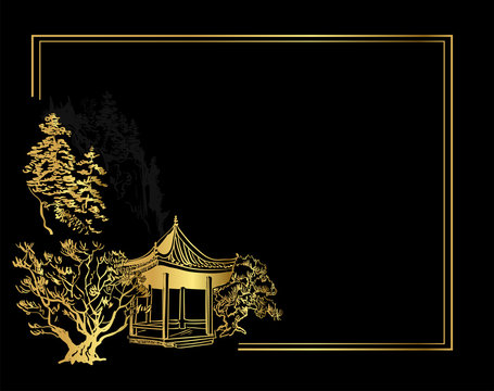 Buddhism Temple Card Nature Landscape View Landscape Card Vector Sketch Illustration Japanese Chinese Oriental Line Art