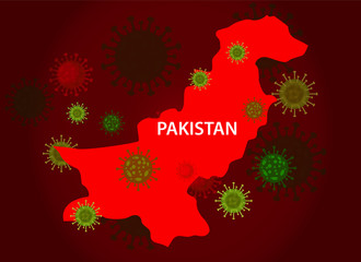 Pakistan map with covid-19 virus concept. Coronavirus is spread to all over the world and infected to countries. Vector illustration of red map design with influenza virus. Covid 19 Pakistan map.