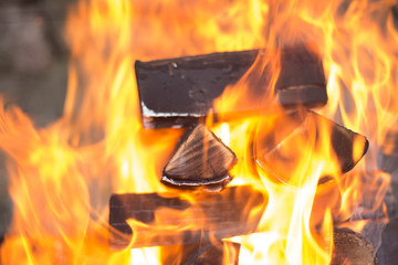 Hot fire wood in fireplace