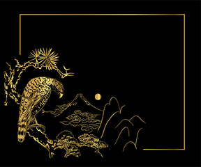 falcon hawk bird mountains view card vector sketch illustration line art japanese chinese oriental design black gold