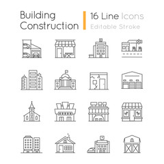 Industrial buildings fronts pixel perfect linear icons set