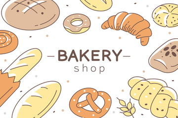 Bakery Shop Template Banner with Text Place. Various Bakery Products Collection. Baguette, Toast, Pretzel, Croissant and Other Variety of Bread.  Flat Cartoon Vector Illustration and Background.