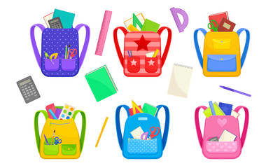 School Bags or Backpacks with School Stationery Peeped out From Pockets Vector Set