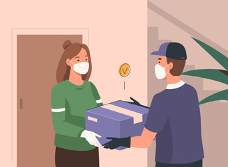 Delivery Man wearing Medical Protection Mask and Gloves Giving Parcel Box to Customer. Home Delivery at Quarantine and Coronavirus Epidemic. Safe Delivery Concept. Flat Cartoon Vector  Illustration.