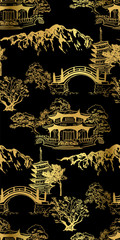 Buddhism temple card nature landscape view landscape card vector sketch illustration japanese chinese oriental line art seamless pattern black gold
