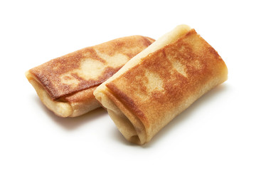 Stuffed pancakes, meat crepes, isolated on white background