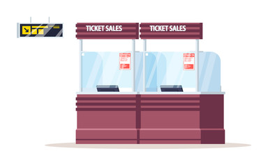 Ticket sales counter semi flat RGB color vector illustration. Covid warning. Table to purchase boarding passes. Airline services. Airport terminal desk isolated cartoon object on white background