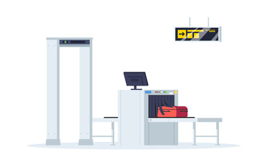 Border control semi flat RGB color vector illustration. Security check equipment for airport terminal. Baggage check. Luggage conveyor belt isolated cartoon object on white background