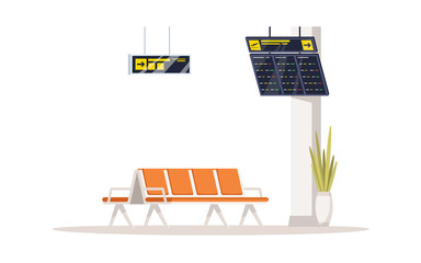 Airport terminal semi flat RGB color vector illustration. Waiting area in lobby with timetable display. Empty seats and armchairs. Aircraft lounge isolated cartoon object on white background