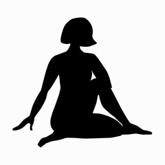 The girl practices yoga in a triangle pose. Black silhouette of a woman doing sports exercises, one arm up, legs wide apart. Stock vector illustration isolated on white background.