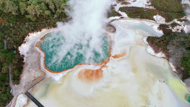 Geothermal Landscape with hot boiling mud and sulphur springs due to volcanic activity in Wai-O-Tapu, Thermal Wonderland New Zealand