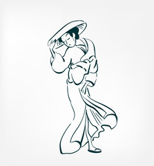 woman wind vector illustration japanese chinese ink line sketch style