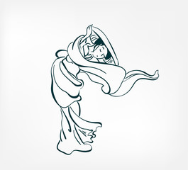 woman wind vector illustration japanese chinese ink line sketch style