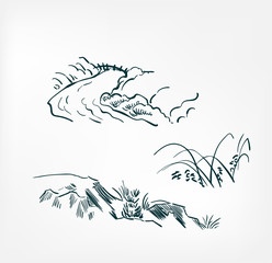 grass river rocks vector illustration japanese chinese ink line sketch style