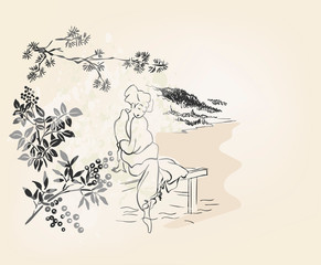 Fototapeta na wymiar woman kimono walk vector card japanese chinese nature ink illustration engraved sketch traditional textured