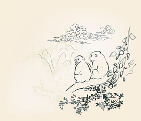 monkey sit vector card japanese chinese nature ink illustration engraved sketch traditional textured