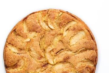 details of fresh baked apple pie on white background