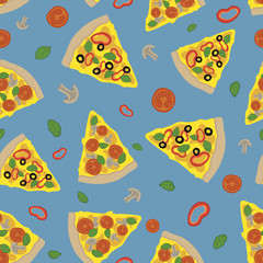 Pizza with vegetables seamless pattern on blue background