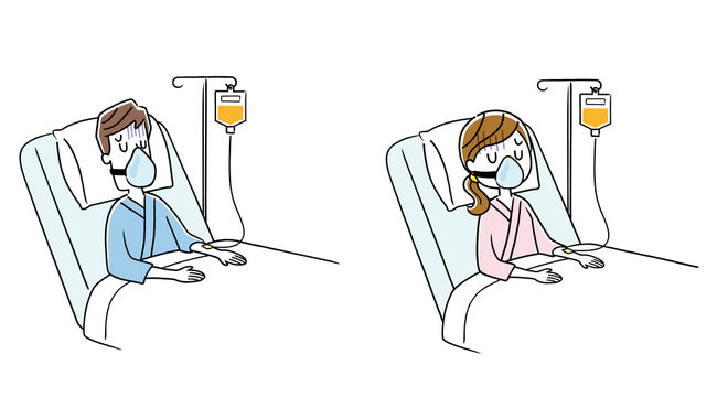 Stock illustration: men and women hospitalized with oxygen masks