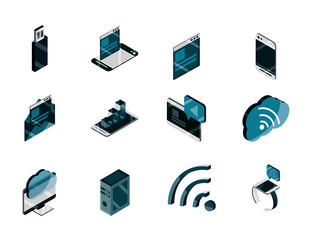 technology device gadget digital isometric isolated icons set