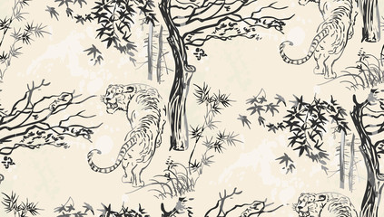 tiger vector japanese chinese nature ink illustration engraved sketch traditional textured seamless pattern
