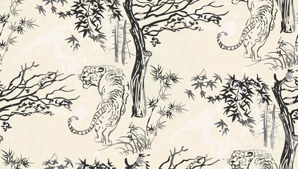 Papier Peint photo Style japonais tigre vecteur japonais chinois nature encre illustration gravé croquis traditionnel texturé modèle sans couture