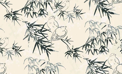 Papier Peint photo autocollant Style japonais petits oiseaux vecteur japonais chinois nature encre illustration croquis gravé traditionnel modèle sans couture texturé