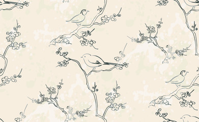 tiny birds vector japanese chinese nature ink illustration engraved sketch traditional textured seamless pattern