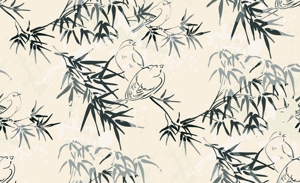 tiny birds vector japanese chinese nature ink illustration engraved sketch traditional textured seamless pattern