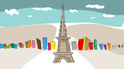 The colorful city of Paris. Hand-drawn. Imitation of a coloring picture with watercolor paints. Children's drawing.